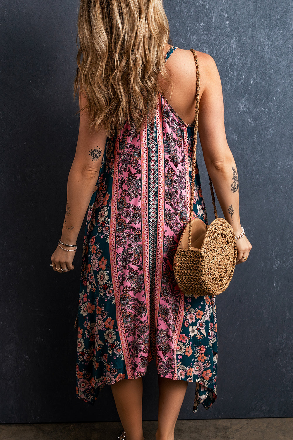 Pink Bohemian Floral Patchwork Impresión Long Sundress