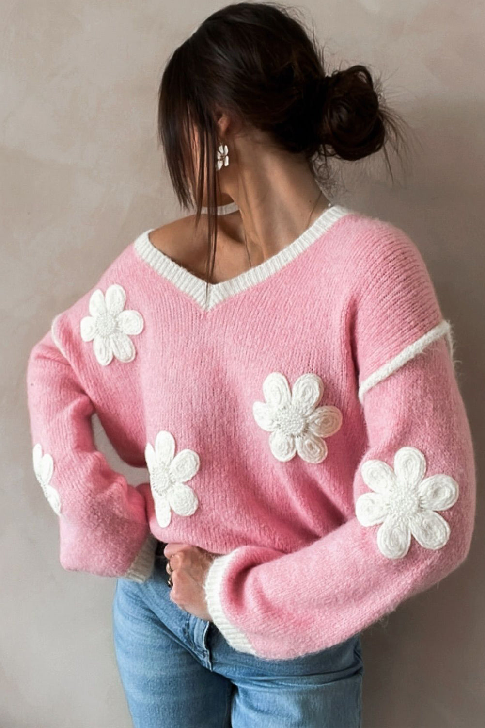 Pink Floral V-Neck Drop Shoulder Sweater