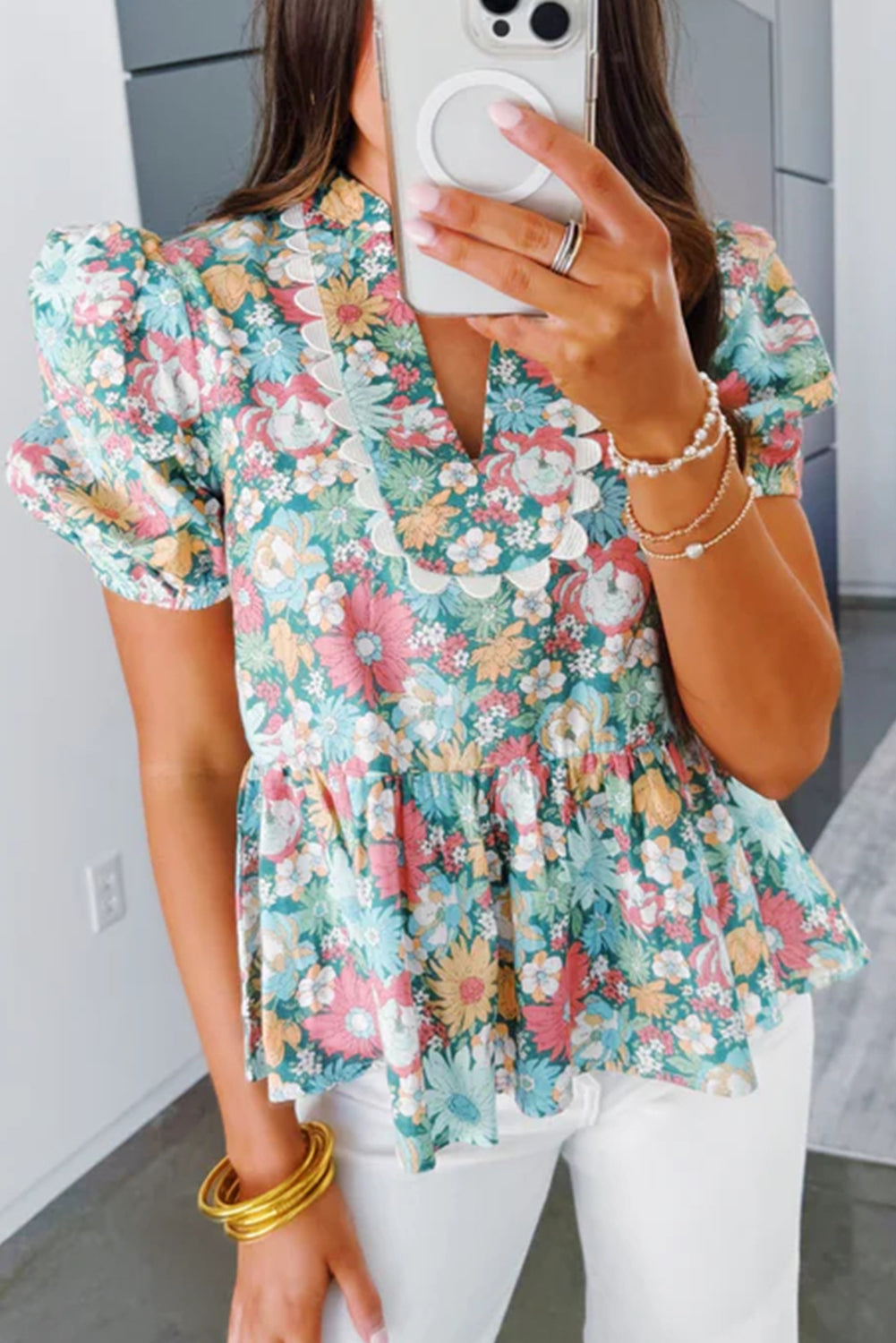 Multicolour Notched Neck Puff Short Sleeve Floral Blouse