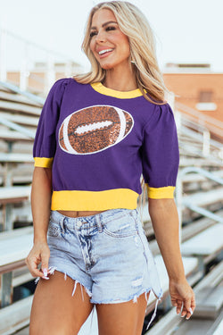 Short sleeve sweater with rugby purple sequins rugby colored blocks