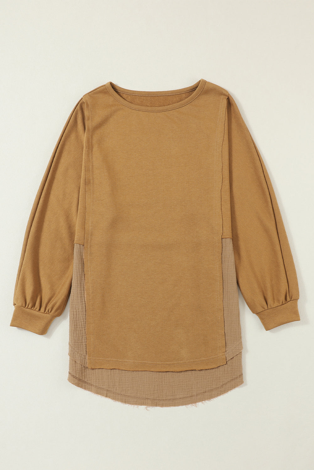 Blouse surdimensionnée haute et basse à ourlet brut et épissure froissée camel-A WOMAN WE LOVE