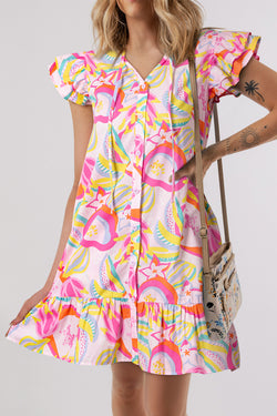 Pink Abstract Floral Ruffled Flutter Sleeve Button-Down Dress