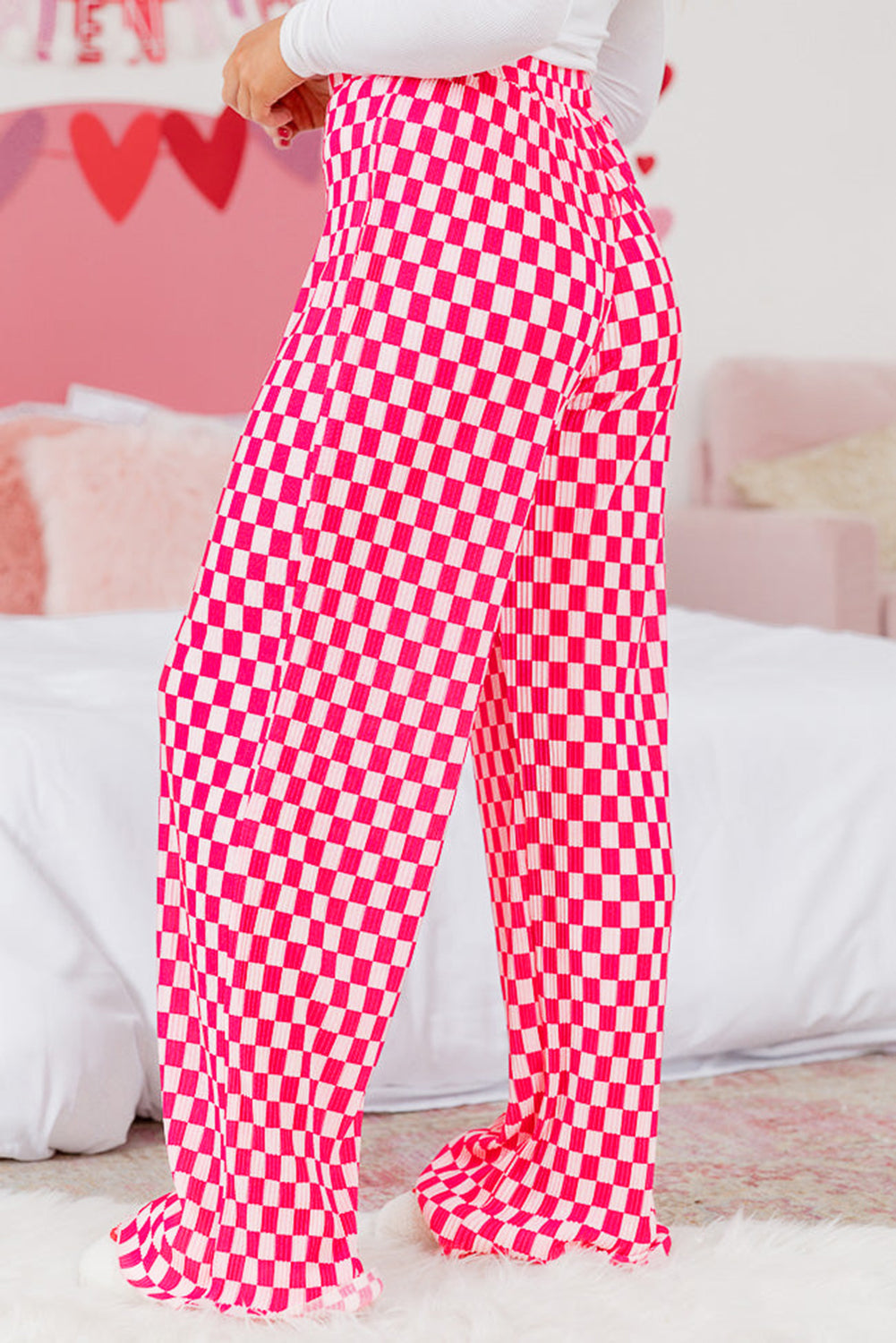 Ensemble pyjama chemise boutonnée à carreaux rose et pantalon taille haute