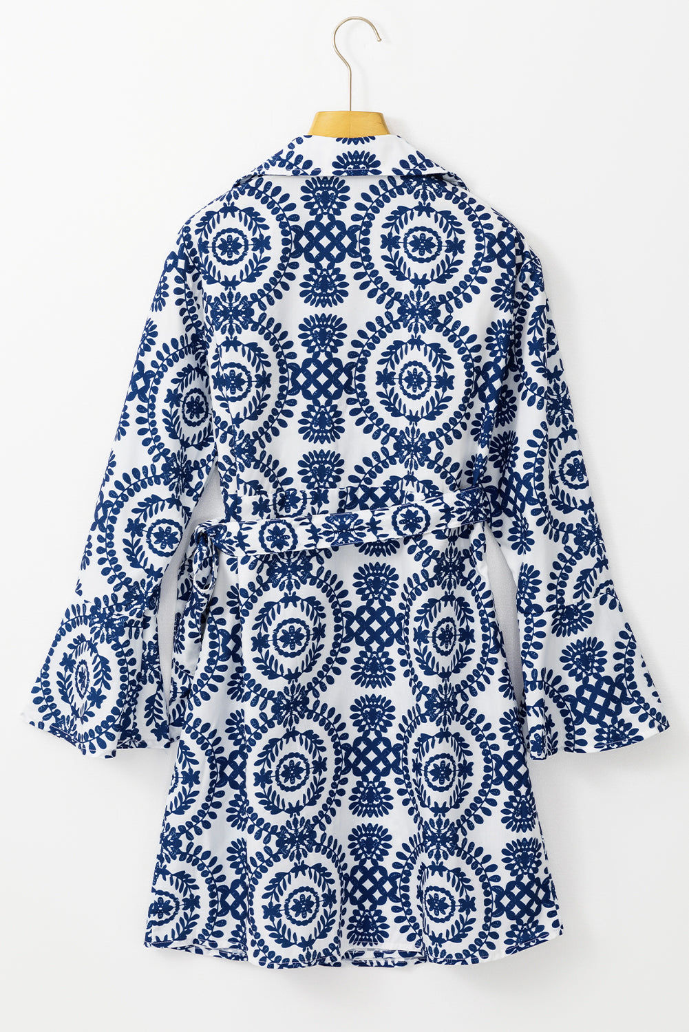 Blue Floral Print V-Neck Long Sleeve Wrapped Bow Dress