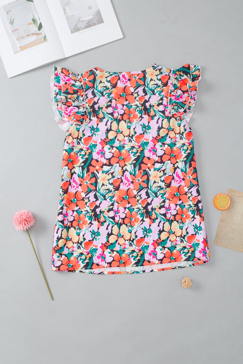 Blusa floral de manga con volantes con niveles multicolores