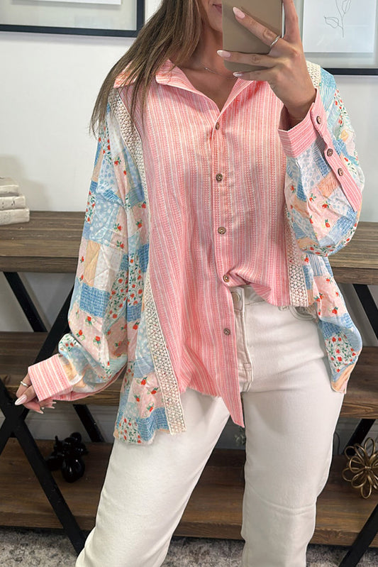 Pink Stripe Floral Patchwork Tunika Lose Fit Hemd