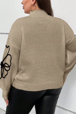 Plus size dark khaki sweater with large flower pattern, high neck, dropped shoulders