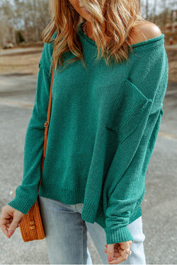 Green Solid Color Off Shoulder Ribbed Knit Sweater with Pocket