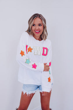 Howdy Glitter Chenille Patch Graphic White Casual Sweatshirt