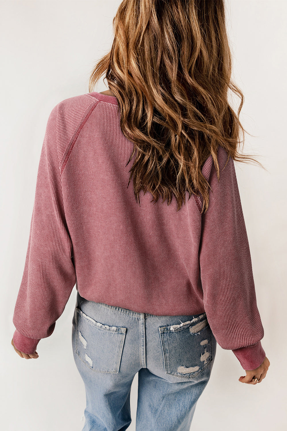 Sweat Henley à manches raglan en tricot gaufré rouge vif