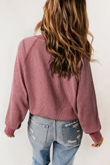 Sweat Henley à manches raglan en tricot gaufré rouge vif