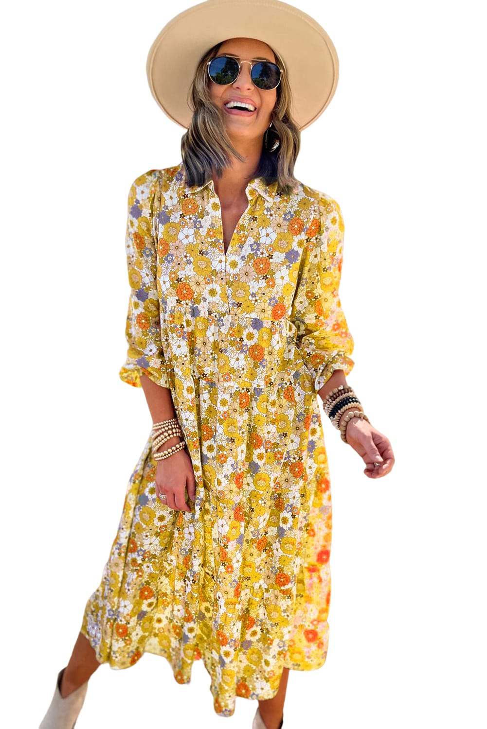 Yellow ruffled dress with long sleeves and floral collar in bohemian style