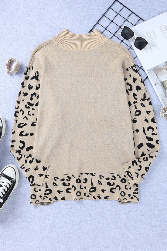 Oversize sweater khaki leopard with high collar *