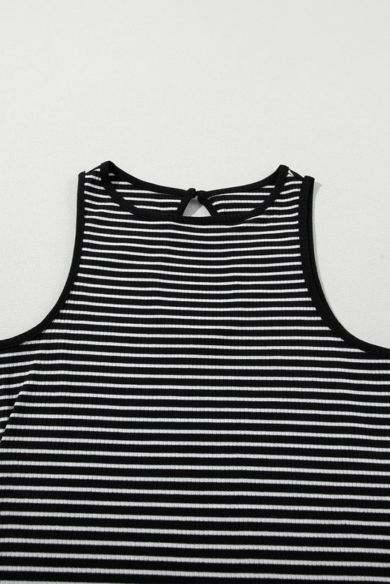 Black Striped Print Ribbed Knit Sleeveless Top