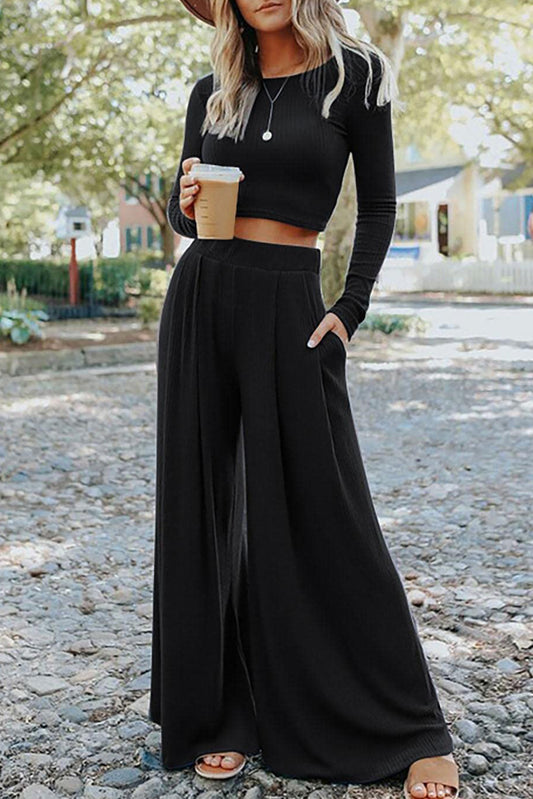 Black Solid Color Ribbed Crop Top and Long Pants Set