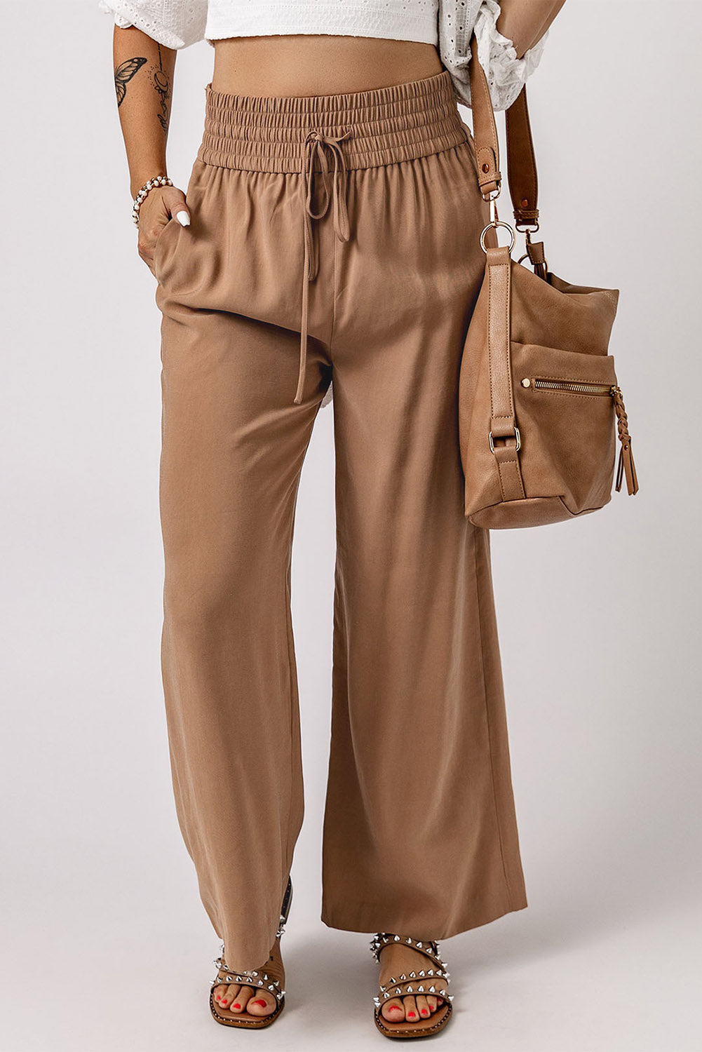 Brown Drawstring Elastic Waist Casual Wide Leg Pants