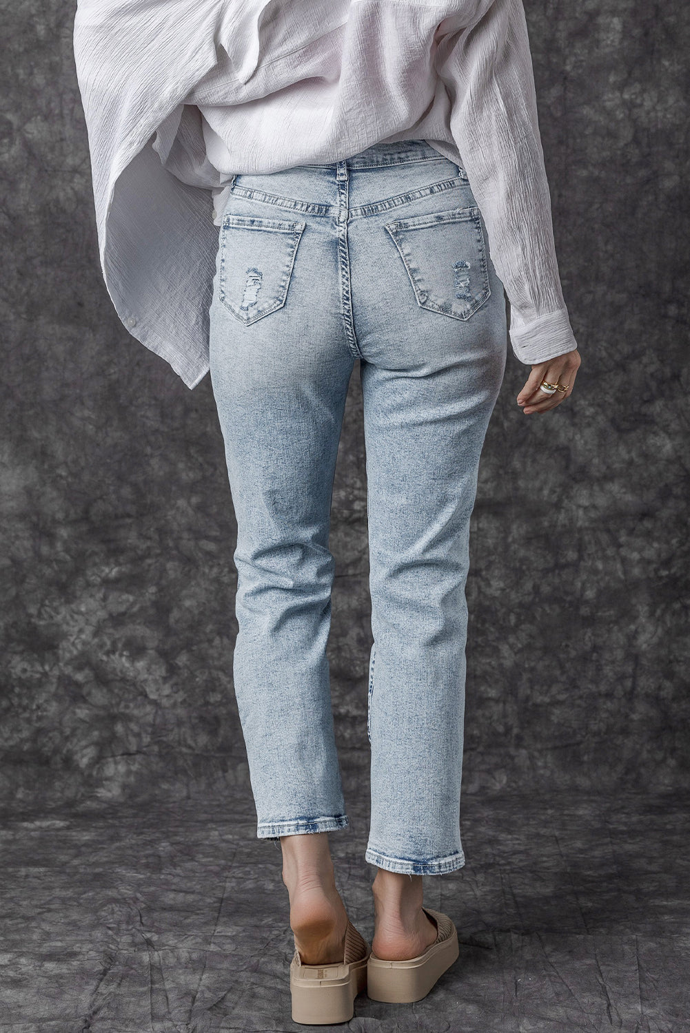 Sky Blue Light Wash Frayed Slim Fit High Waist Jeans