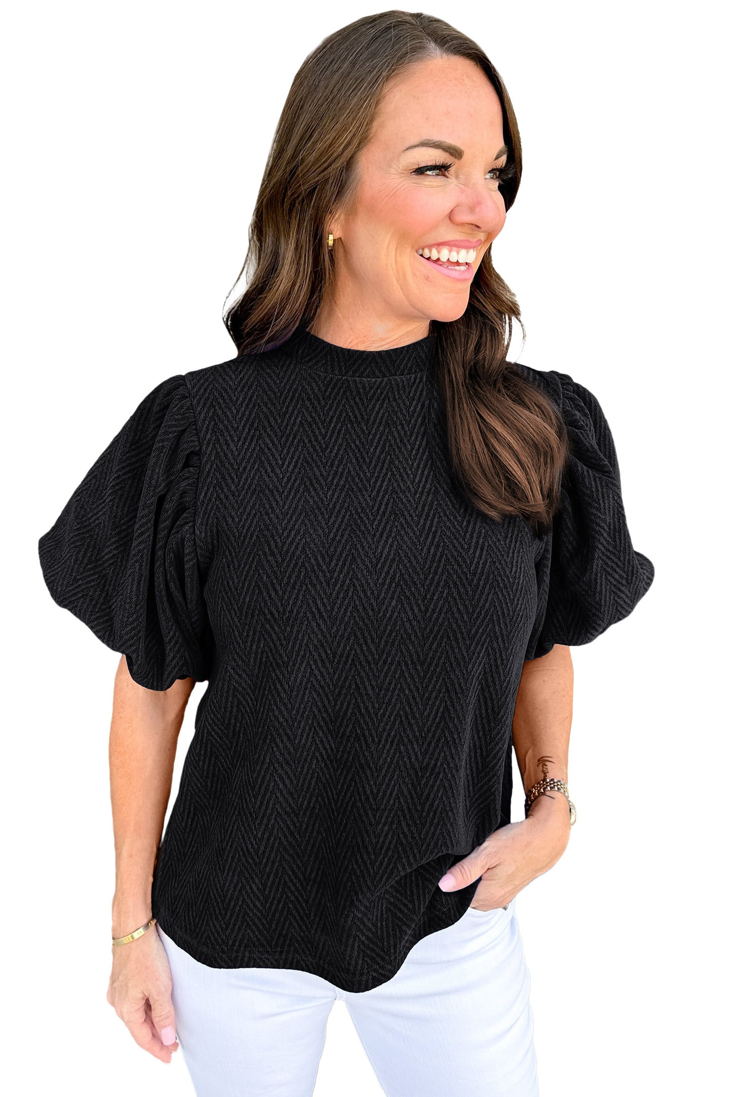 Black Solid Textured Puff Sleeve Mock Neck Blouse