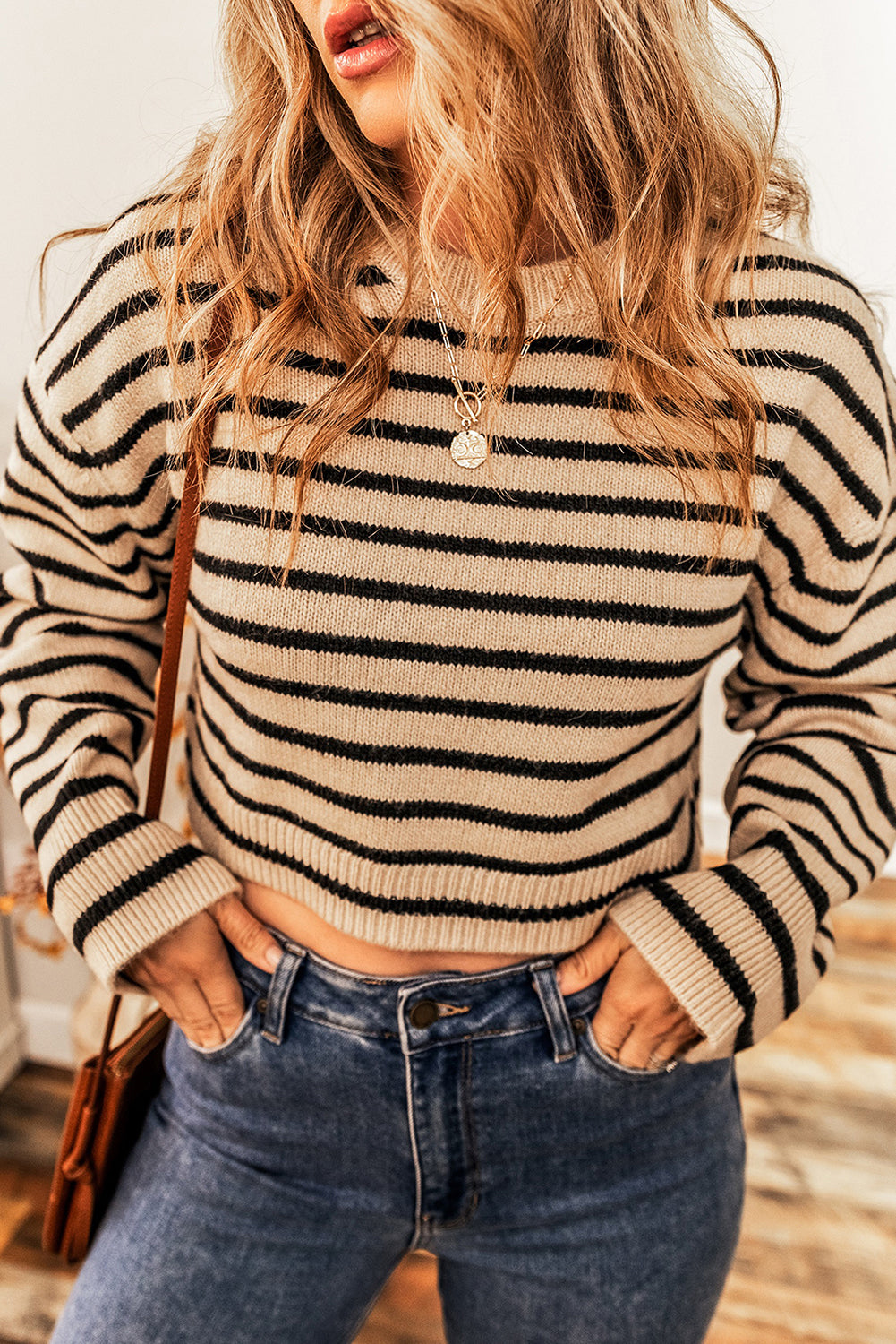 Light French Beige Striped Knit Crew Neck Drop Shoulder Cropped Sweater