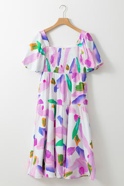 Purple midi dress with abstract print, puff sleeves, smocked back