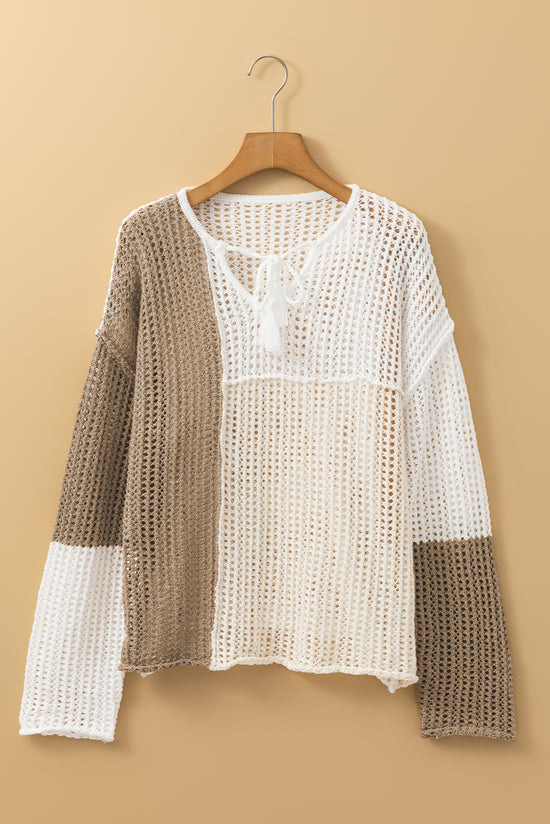 Lightweight V-neck sweater with openwork and knotted front in brown color block