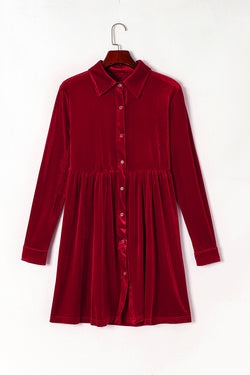 Bright Red Long Sleeve Ruffle Velvet Buttoned Dress