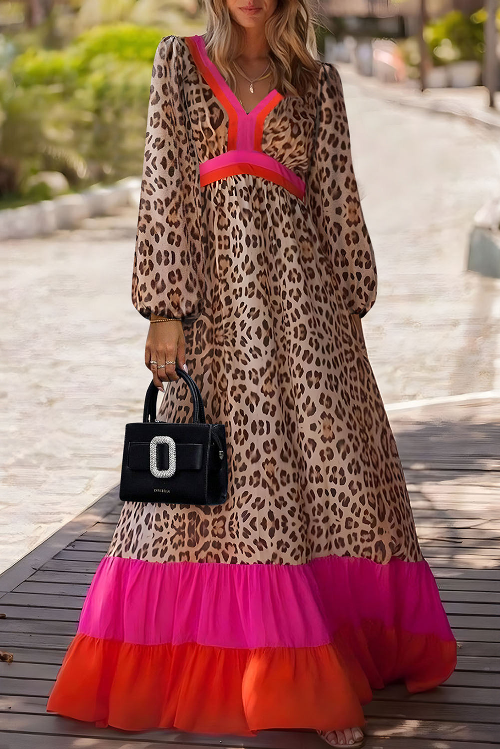 Bloque de color de leopardo marrón V Cuello suelto MAXI Vestido