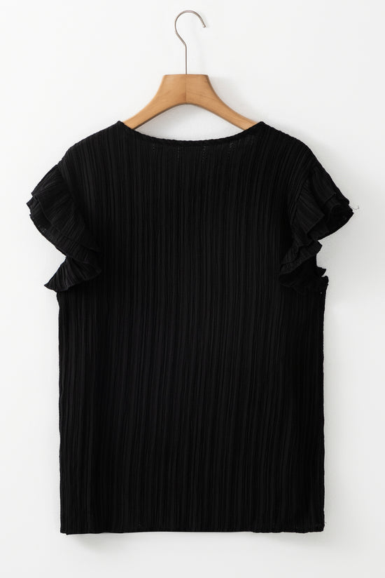 Typled black high with fluffed sleeves and v -neck