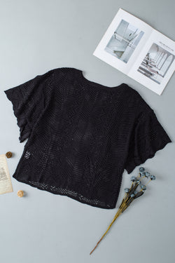 Black high with short sleeves in Pointelle mesh with scalloped edges