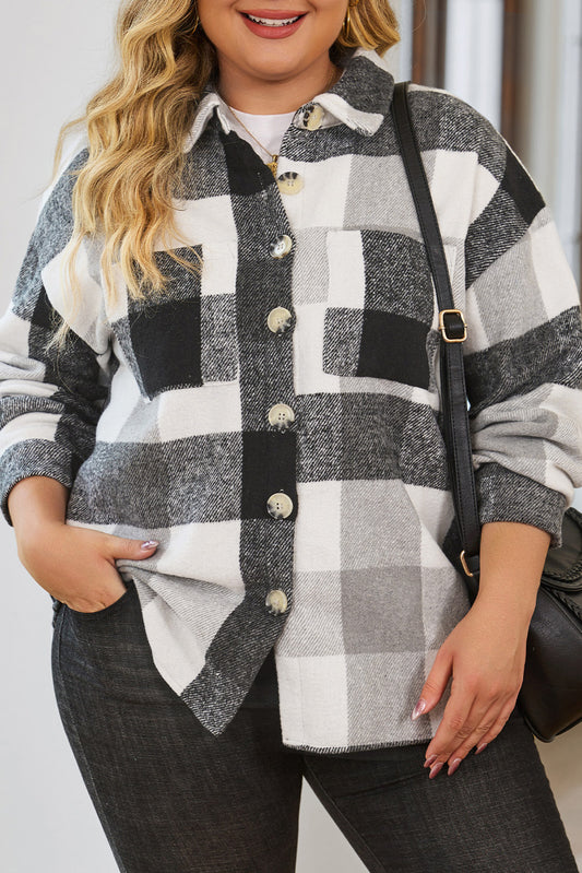 Plus Size Grey Plaid Buttoned Jacket