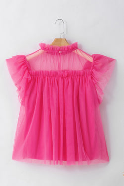 Flared babydoll blouse with rolled sleeves in pink strawberry tulle