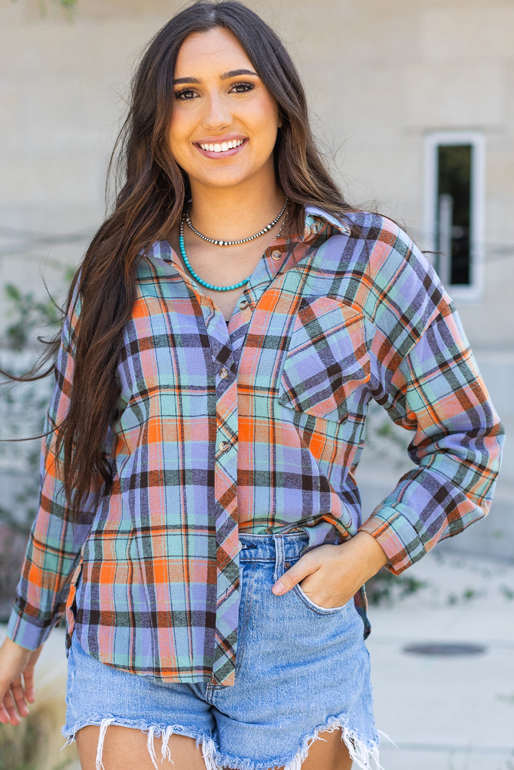 Naranja con estampado a cuadros Camisa vintage suelta