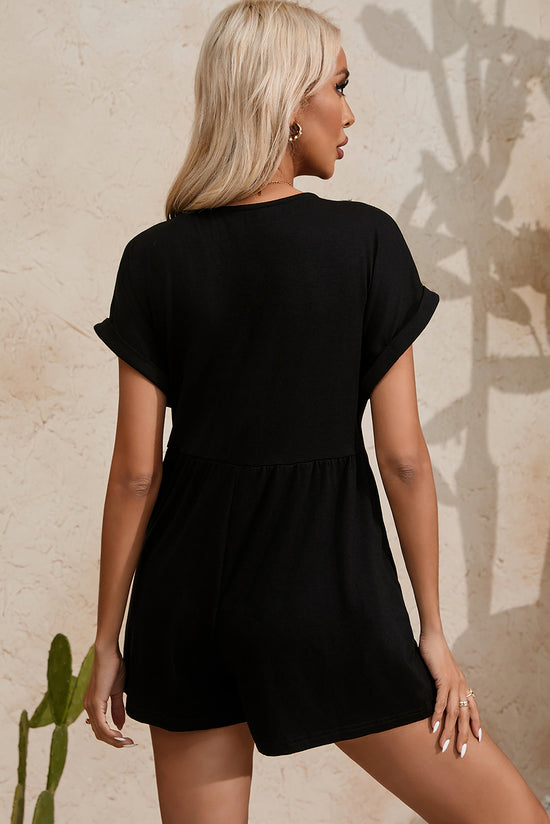 Black short sleeve romper with loose lapels with buttons and V-neck