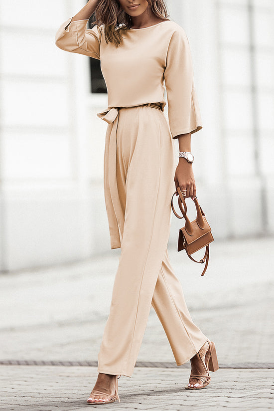 Apricot wide leg jumpsuit with bracelet sleeves