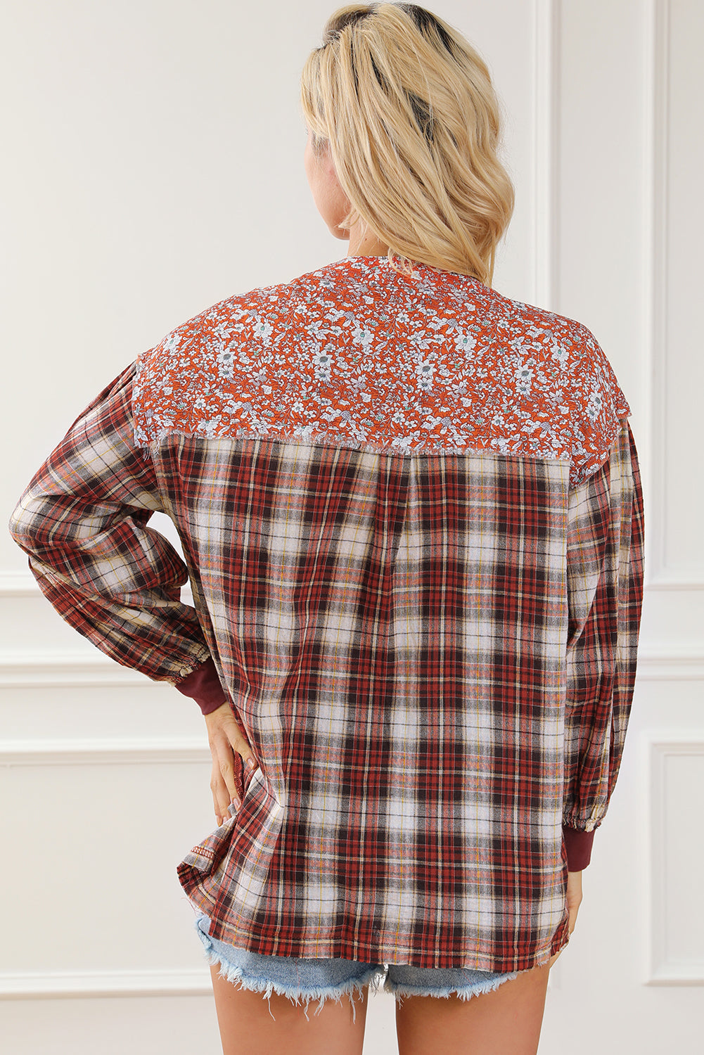 Fiery Red Floral Plaid Mixed Print Bishop Sleeve Patchwork Top