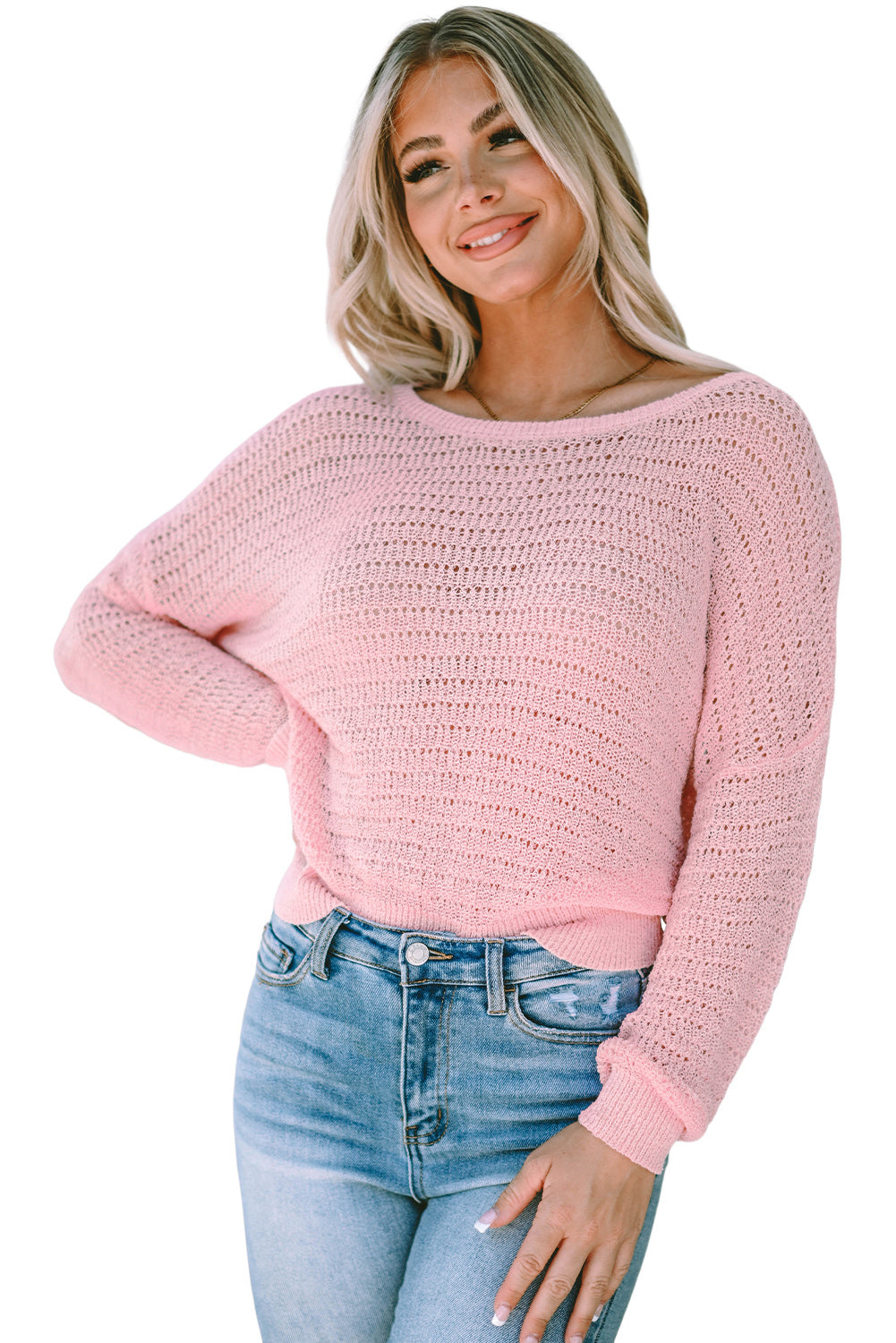 Pink Knitted Eyelets Round Neck Long Sleeve Top