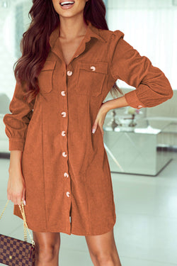 Khaki Corduroy Long Sleeve Button Down Shirt Dress