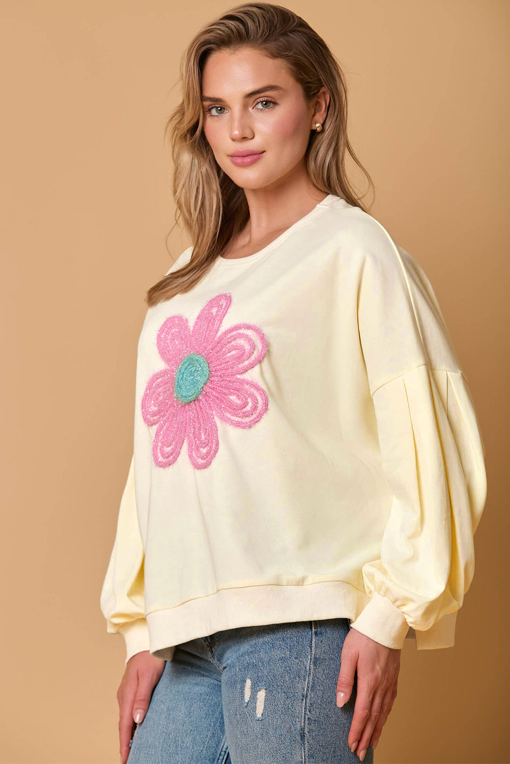 Sweat-shirt beige à manches bouffantes et fleurs Tinsel