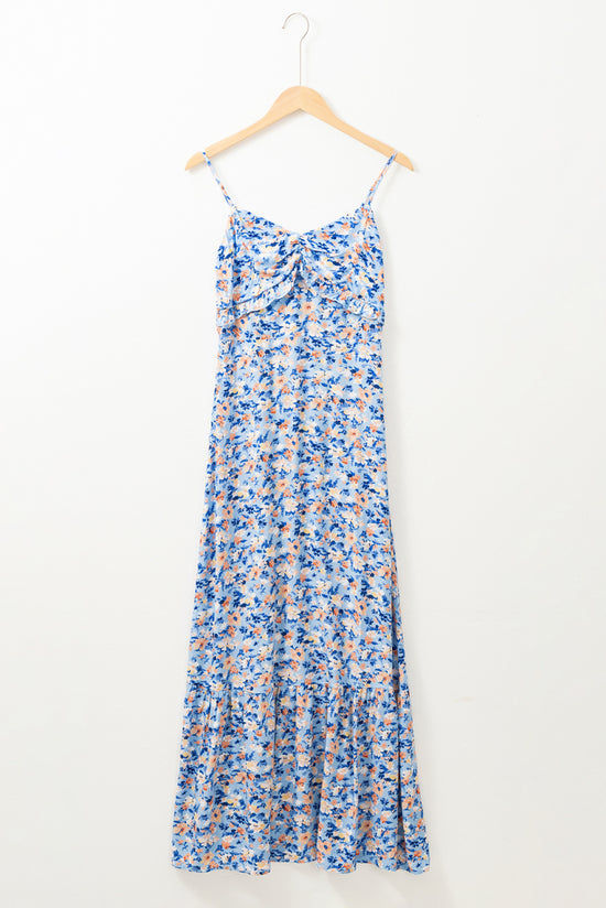 Robe longue froncée à volants et imprimé floral bleu ciel