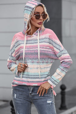 Multicolor Striped Printed Cable Knit Drop Shoulder Hoodie