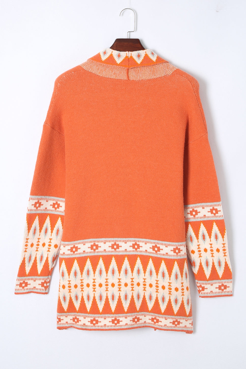 Cardigan tricoté orange imprimé aztèque ouvert sur le devant