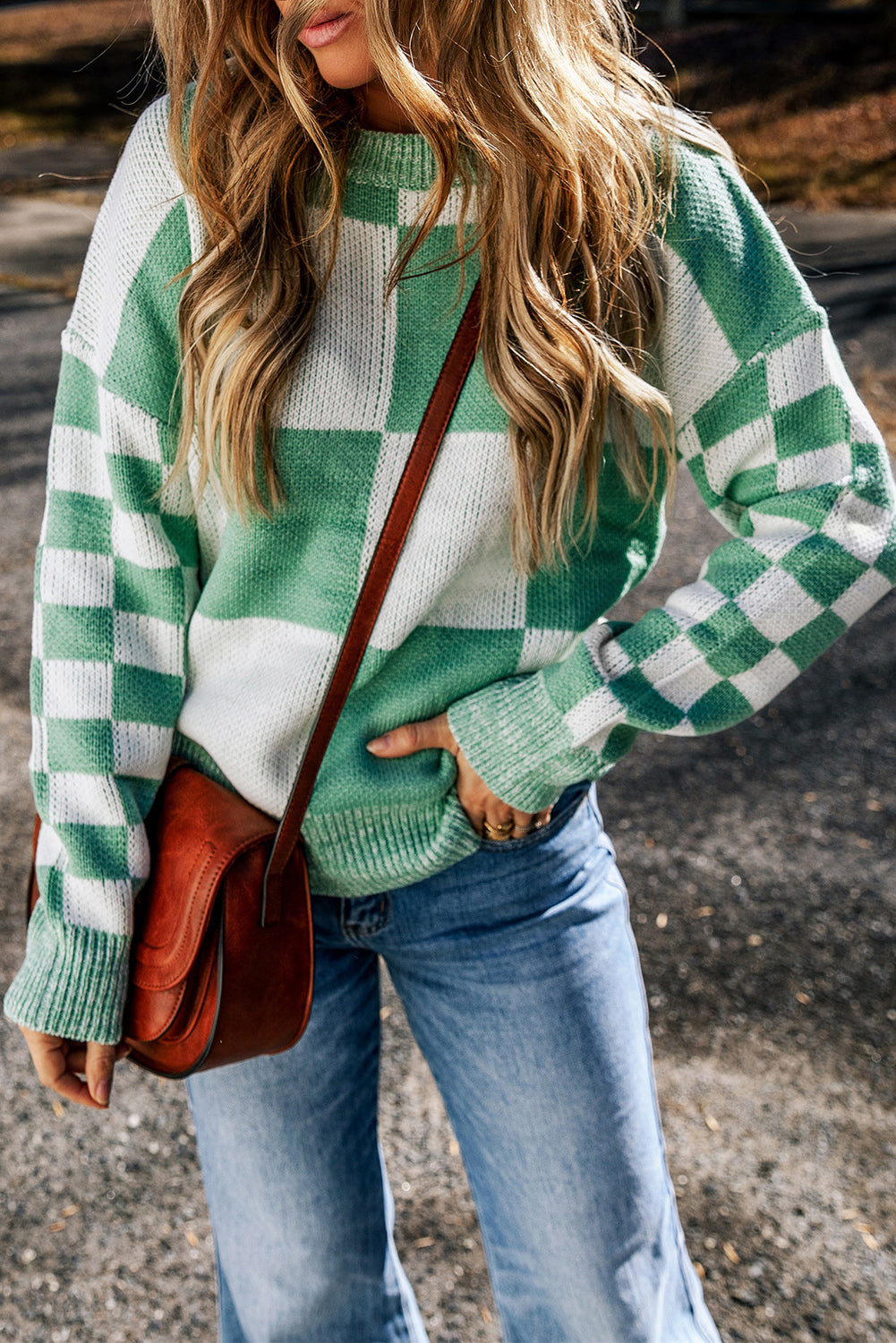 Mint green sweater with dropped shoulders and plaid print