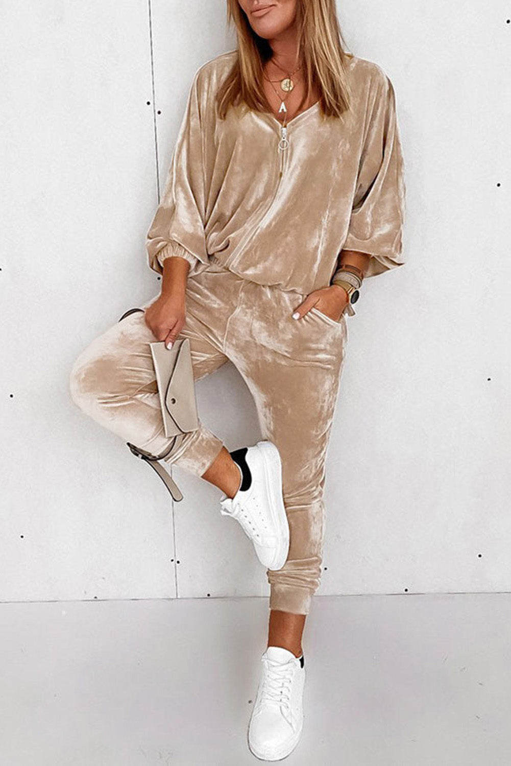 Parchment Velvet Zip-Up Top and Joggers Two-Piece Set