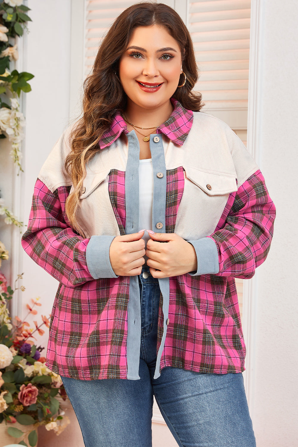 Chemise rouge en tricot gaufré imprimé à carreaux grande taille en patchwork