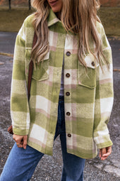 Sage Green Plaid Baggy Shacket with Buttoned Flap Pockets