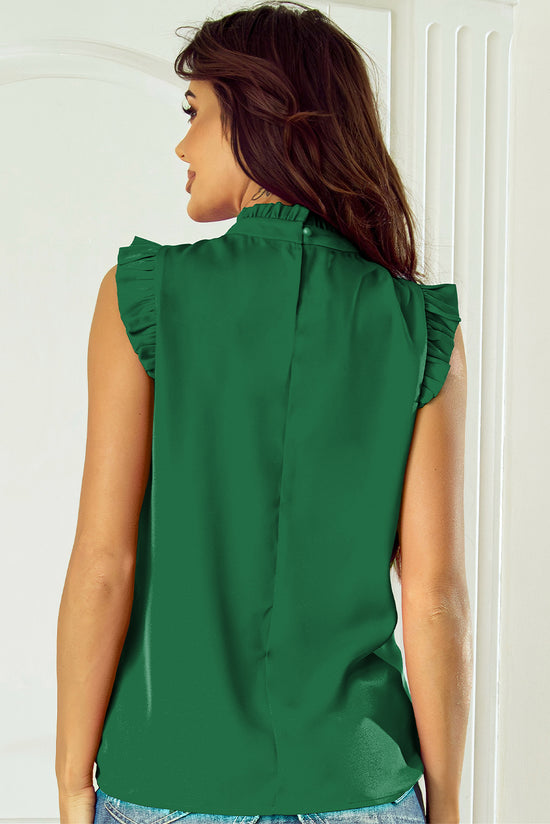 Bright Green Pleated Sleeveless Top with High Neck and Ruffle Trim