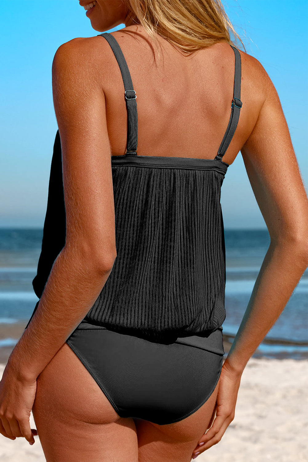 Maillot de bain tankini noir en maille rayée à ourlet noué