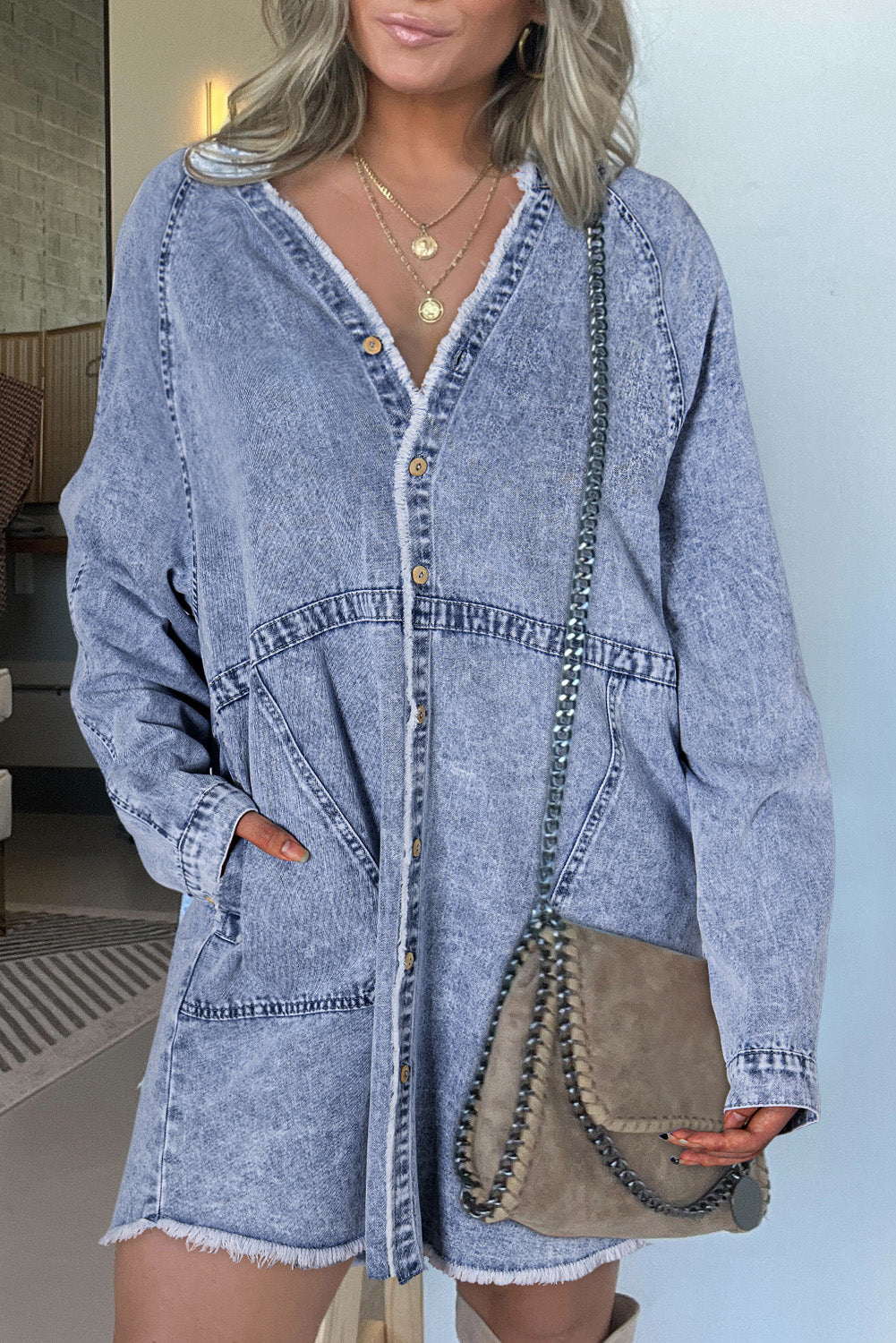 Beau Blue Long Sleeve Button Down Raw Hem Denim Dress with Pockets