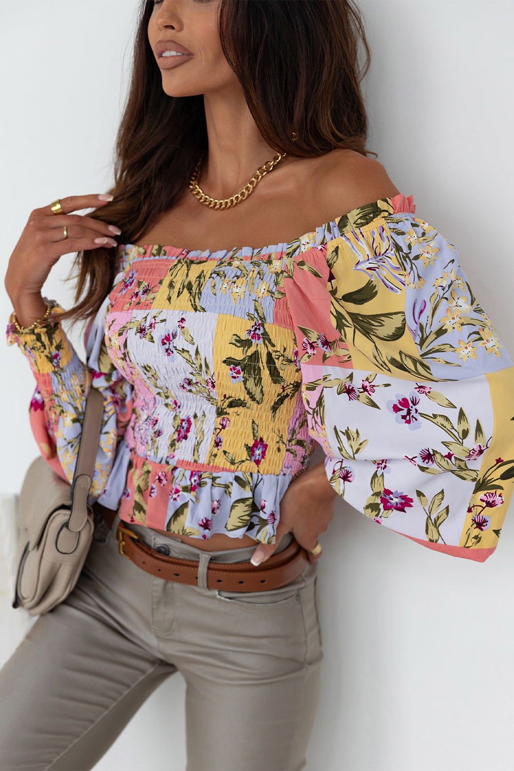 Multicolor Smocked Floral Frilled Trim Square Neck Blouse