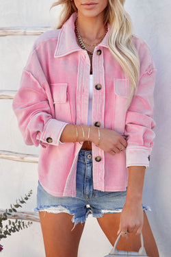 Chaqueta de camisa rosa con bolsillos y cuello doblado